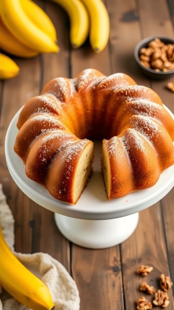 A golden brown banana bread bundt cake on a white stand, dusted with powdered sugar, with a slice cut out to show its moist texture.